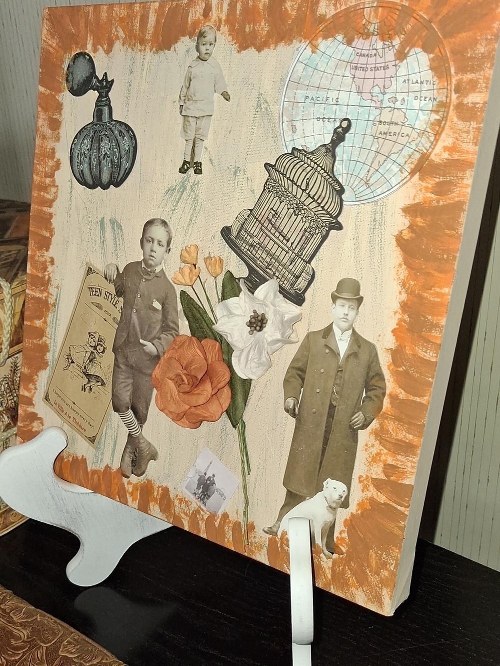Vintage Collage Wall Art - Orange Floral Mixed Media